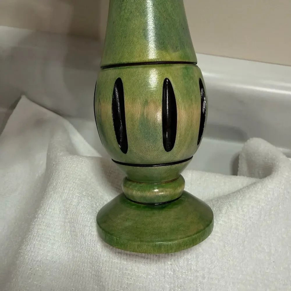 Vintage Hand-Turned Solid Maple Bud Vase Green Dye Signed GEW Glass Insert OOAK